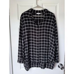 Calvin Klein Blouse XL Women's Black and White Plaid Button Up Collared Shirt